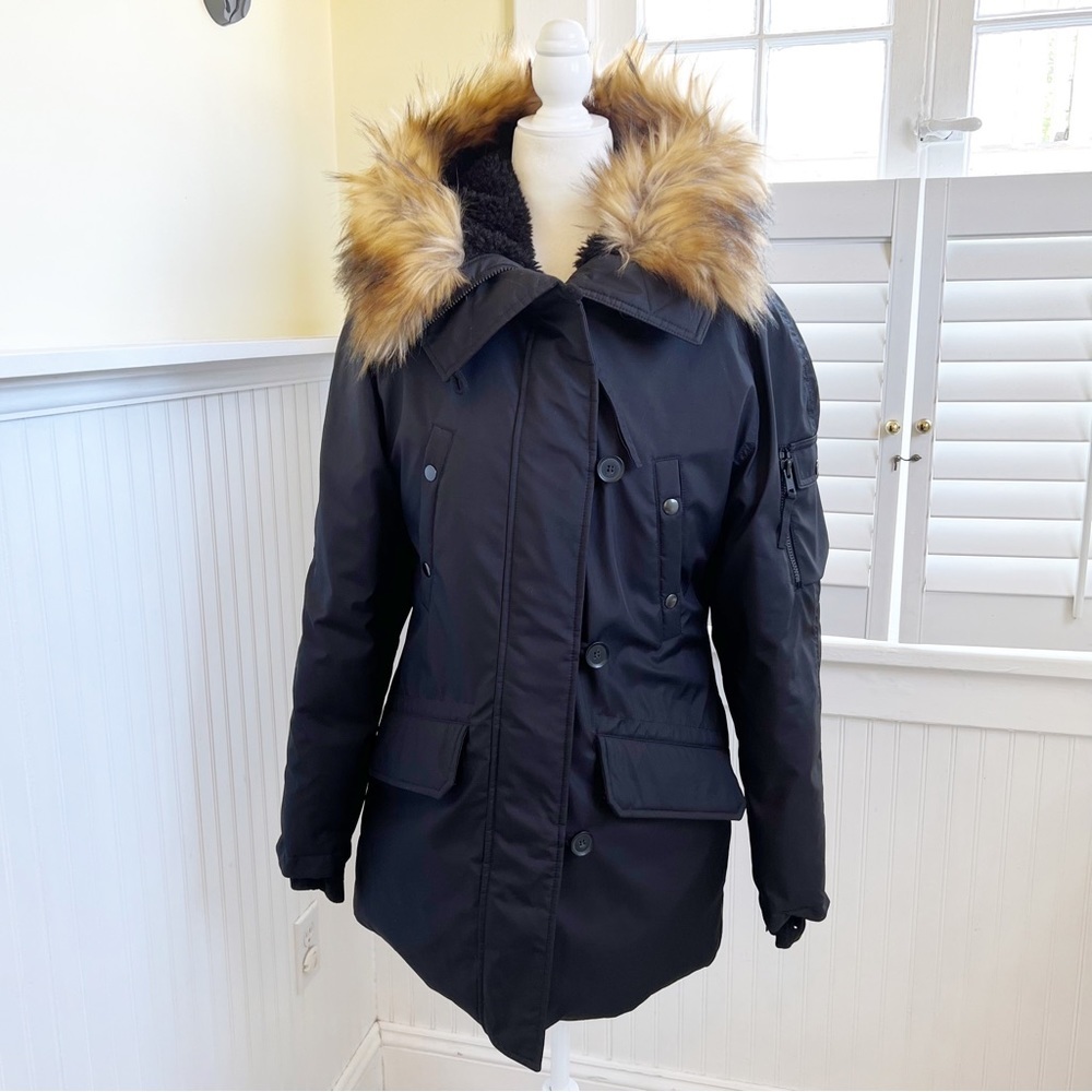 Aqua Black Faux Fur Lined Duck Down Filled Winter Parka Jacket Size Large